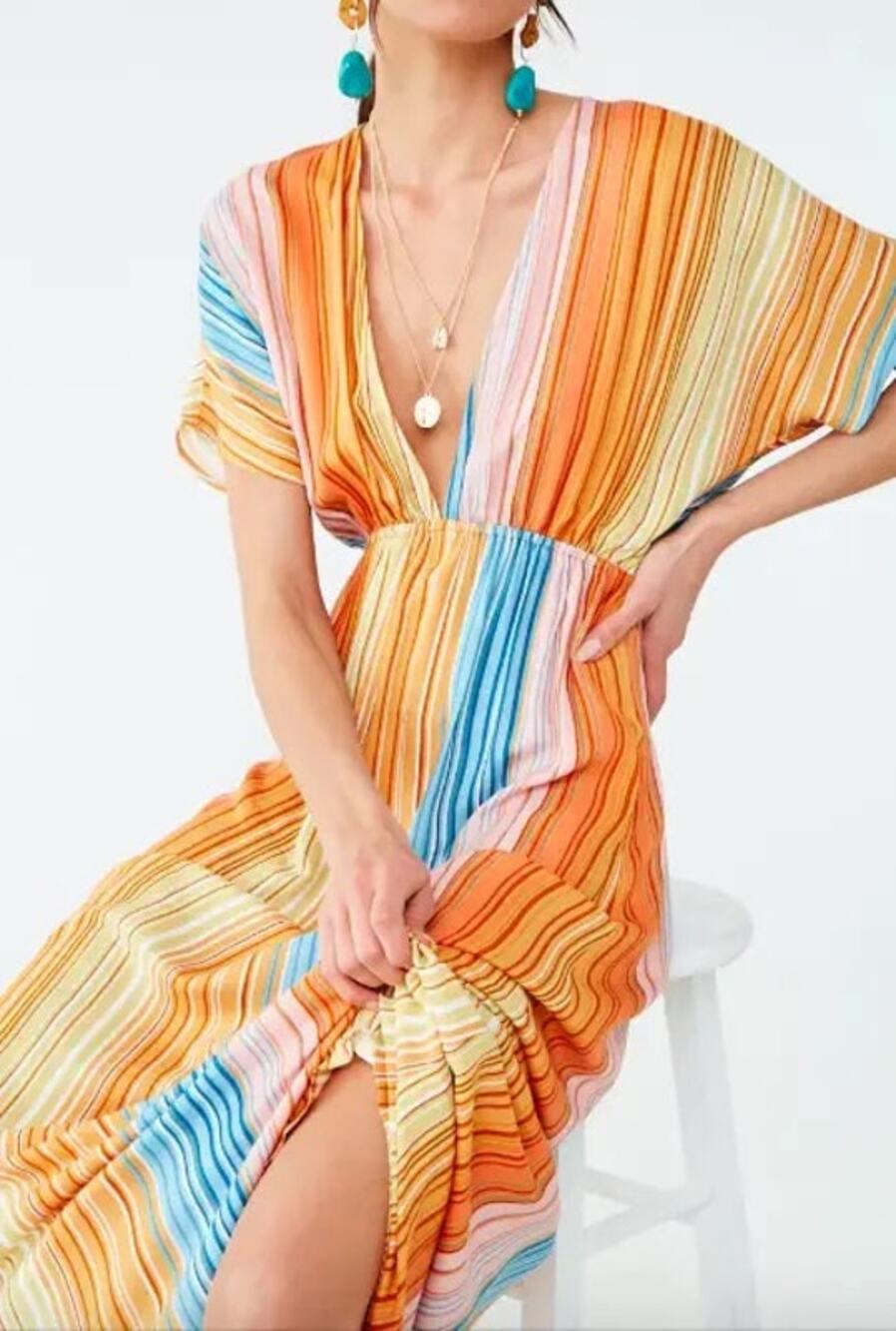 Forever 21 Low Plunge V-Neck Striped Multicolor Maxi Dress
